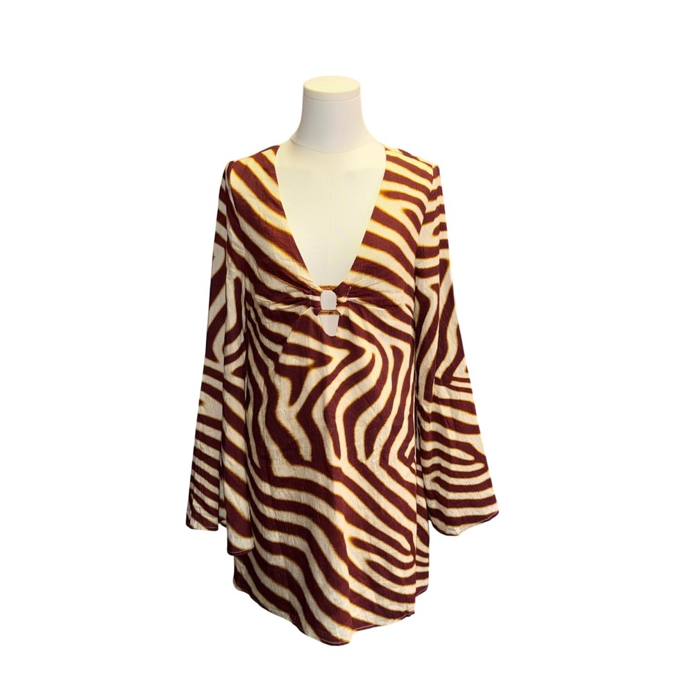 Seven Wonders Zebra Print Deep V-Neck Bell Sleeve Mini Dress Brown Cream Medium